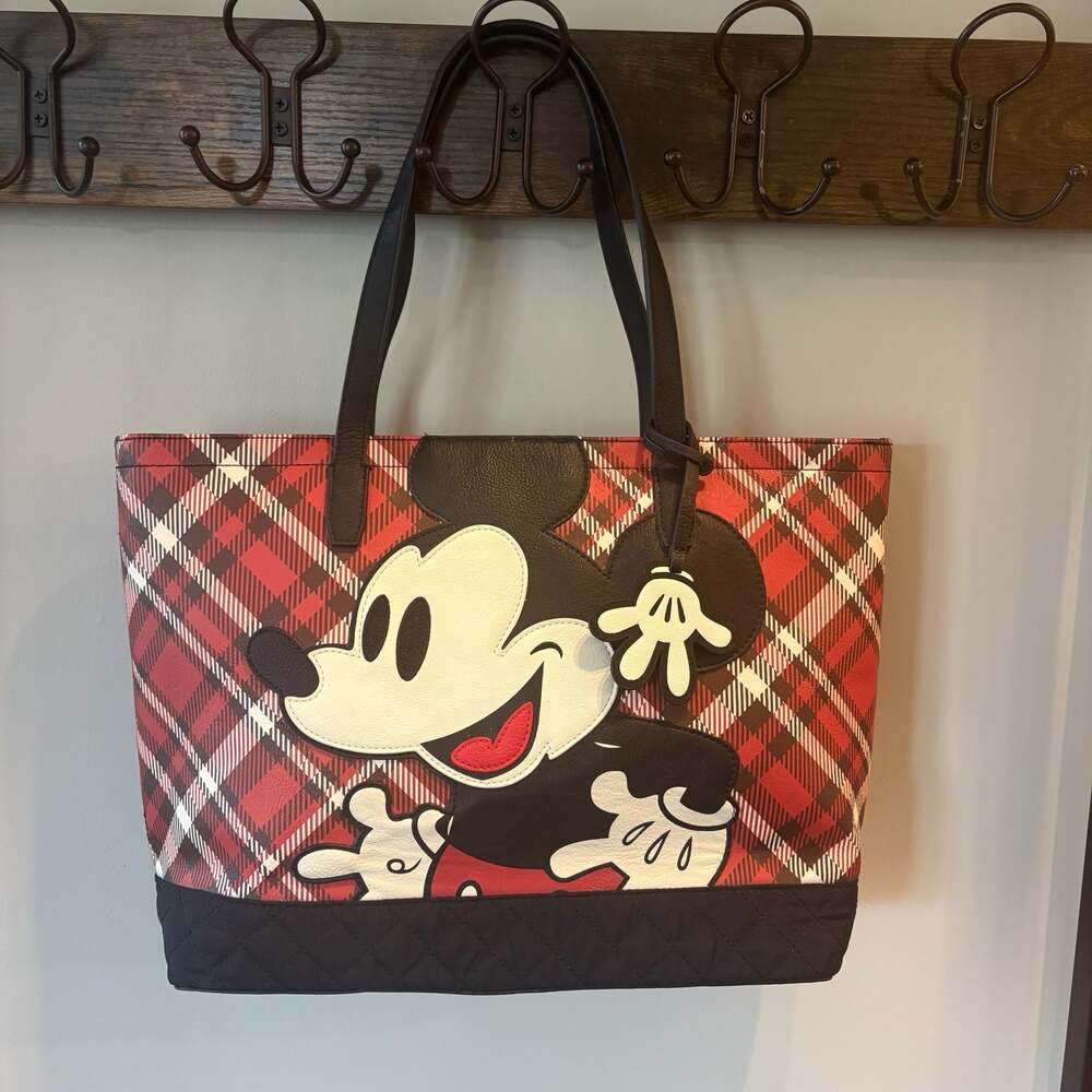 Disney Loungefly Mickey Mouse Tartan Plaid Tote Bag Red and Black WDTB1751